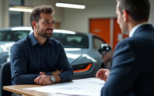 एक तकनीशियन ग्राहक के साथ कार पर चर्चा कर रहा है