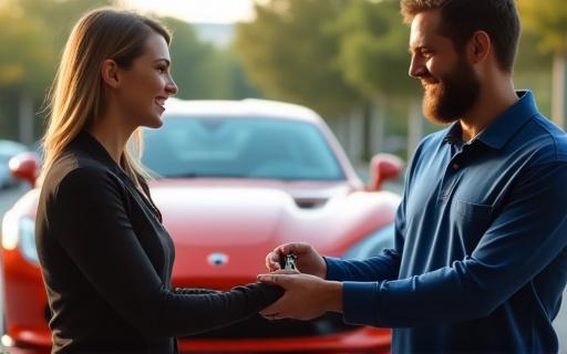 एक खुश ग्राहक को उसकी संशोधित कार की चाबियाँ सौंपी जा रही हैं