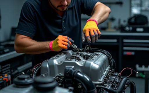 एक तकनीशियन دقت से एक इंजन पर काम कर रहा है