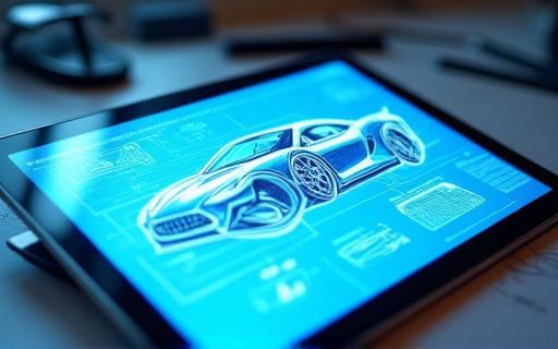 ब्लूप्रिंट और डिजाइन स्केच के साथ एक टैबलेट